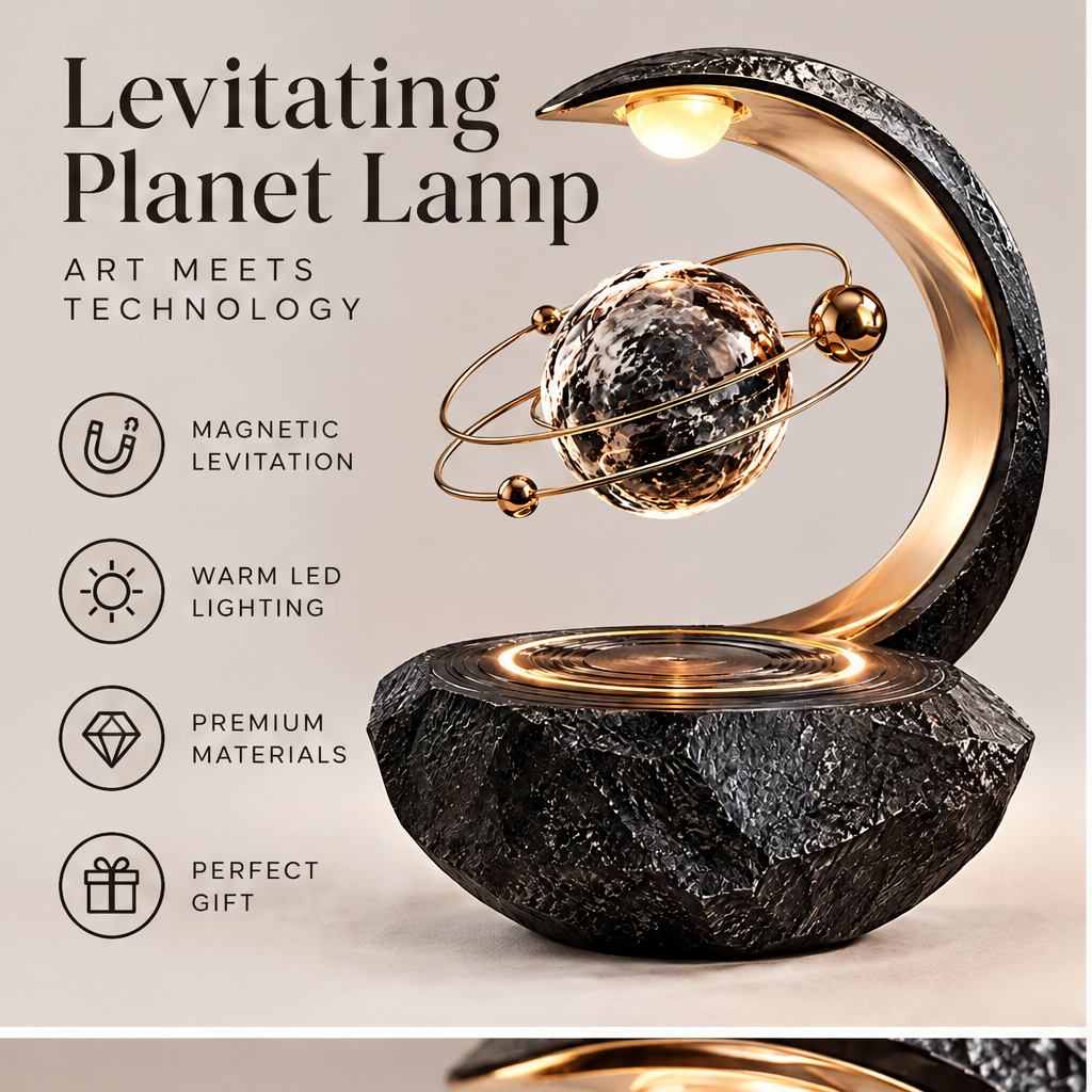 Levitating Planet Lamp – Art Meets Technology – Magnetic Levitation, Warm LED Lighting, Premium Materials, Perfect Gift – key features callout image