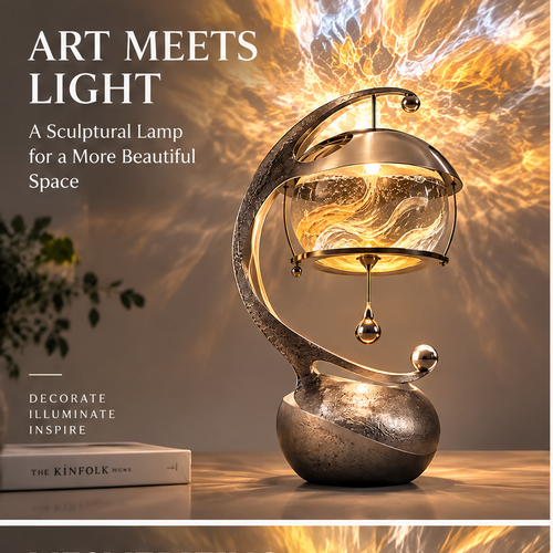 Stunning from Every Angle – 360° Statement Piece – lifestyle shot on marble desk, ambient room lighting, full product view showing crescent spiral arm and illuminated glass globe