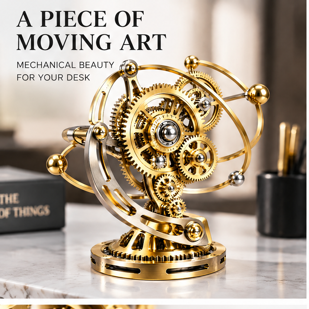 A Piece of Moving Art – Mechanical Beauty for Your Desk – lifestyle shot on white marble desk with The Story of Things book and black pencil cup, warm ambient light, showing 3/4 angle view of gold gear orrery