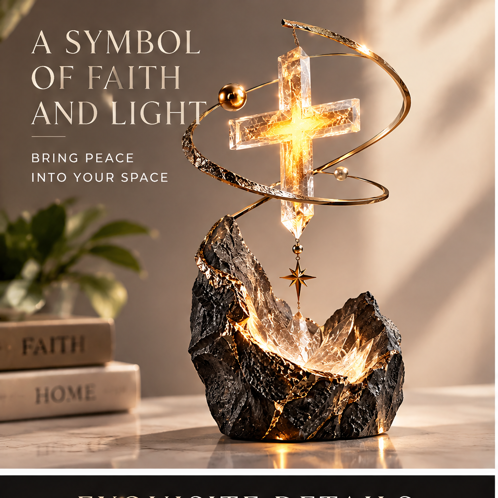A Symbol of Faith and Light – Bring peace into your space, displayed on marble surface with warm ambient glow