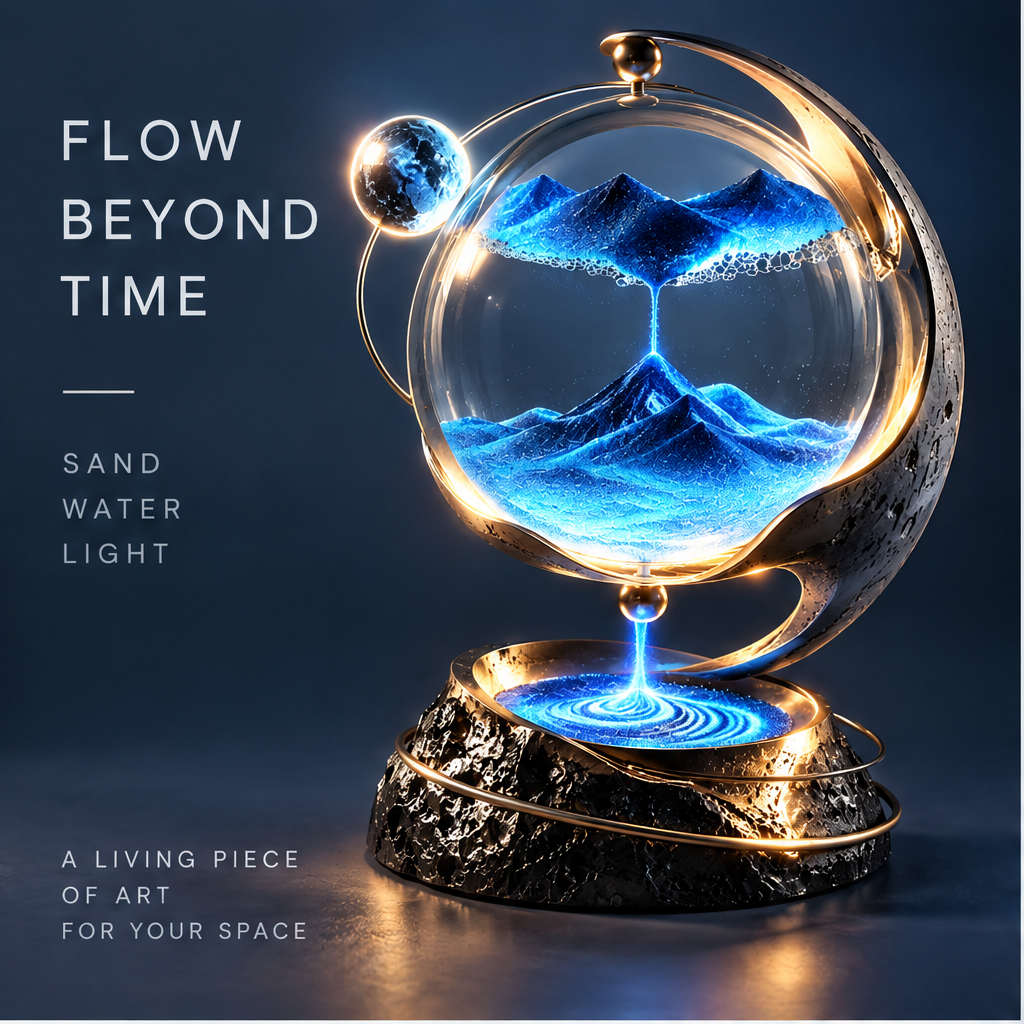 Feature callout – Ever-Changing Landscapes, Soothing Flow Relax Your Mind, Soft LED Light Atmosphere, Premium Craftsmanship Timeless Design