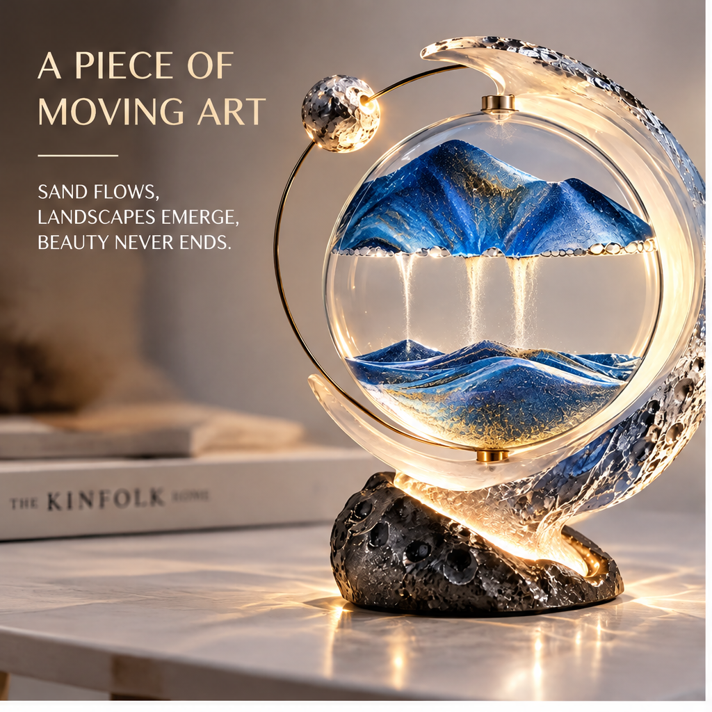 Ever-Changing Landscapes – Every turn creates a unique scene – macro close-up of blue and gold glitter mountain sandscape inside crystal globe with transparent crescent arc and planet accent ball