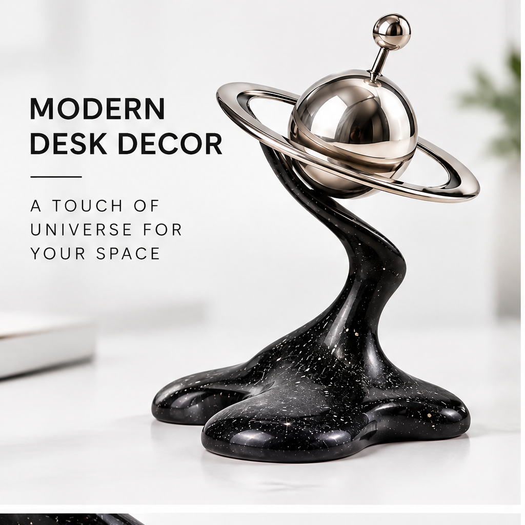 Modern Desk Decor – a touch of universe for your space, lifestyle shot on white desk with blurred plant background