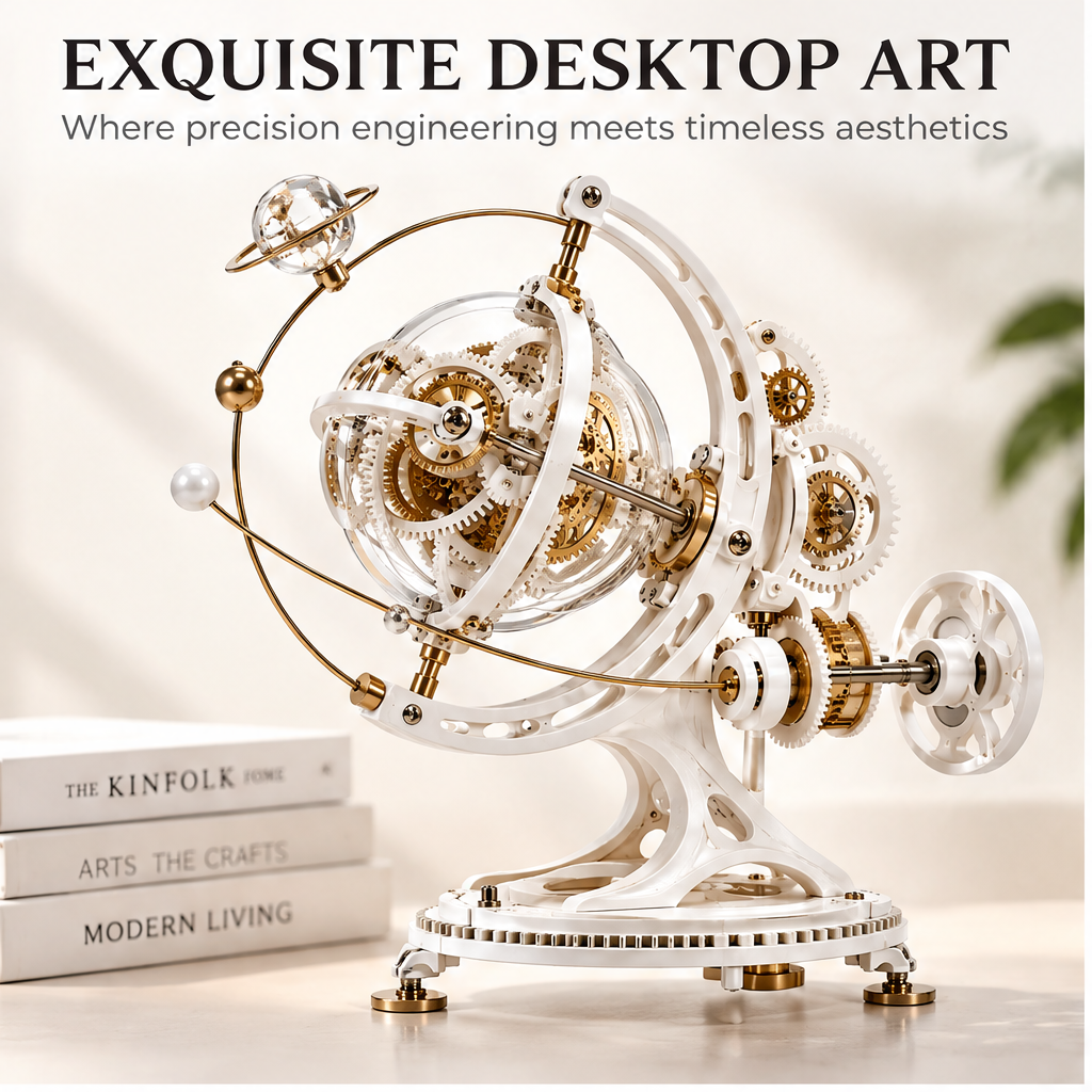 Exquisite Desktop Art – Where precision engineering meets timeless aesthetics – lifestyle shot with The Kinfolk Home, Arts The Crafts, and Modern Living books stacked, warm ambient room, white-gold gear orrery from front-right angle