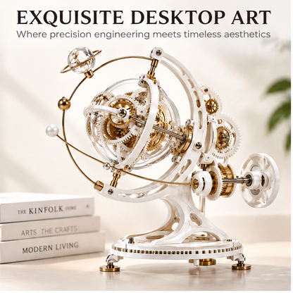 Exquisite Desktop Art – Where precision engineering meets timeless aesthetics – lifestyle shot with The Kinfolk Home, Arts The Crafts, and Modern Living books stacked, warm ambient room, white-gold gear orrery from front-right angle
