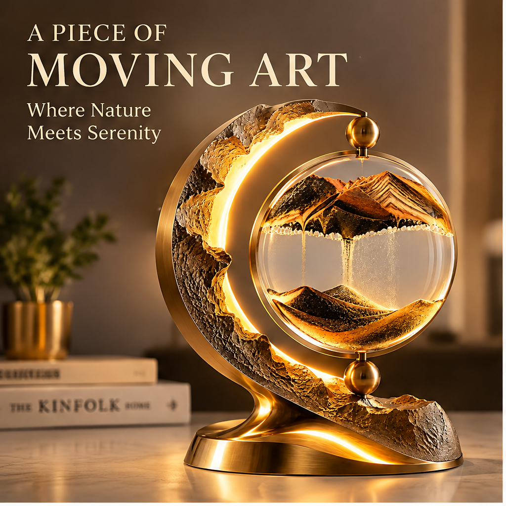 A Piece of Moving Art – Where Nature Meets Serenity – lifestyle shot on marble desk with The Kinfolk Home book, warm ambient room, full product view showing gold crescent moon sand art lamp glowing