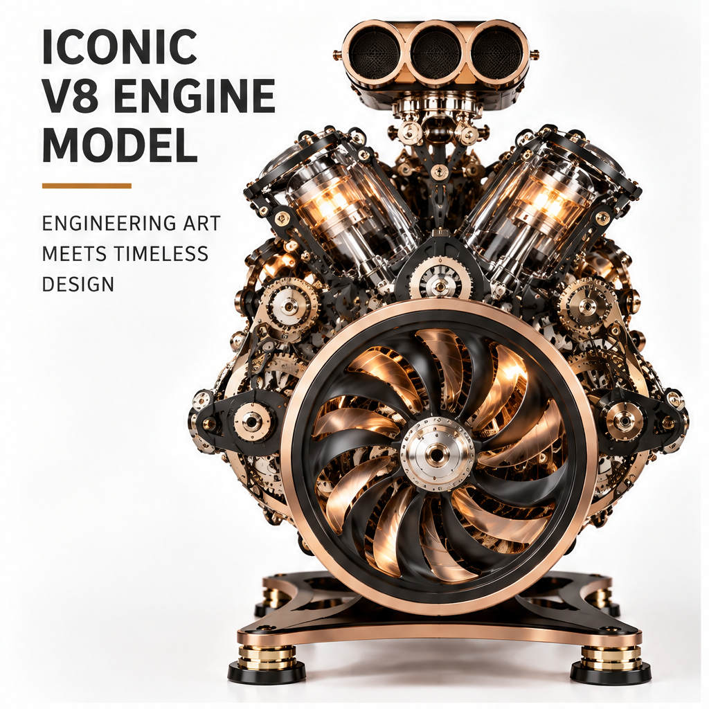 Realistic Moving Parts – Precision Gears, Visible Pistons, Smooth Operation – white background 3/4 angle of copper-black V8 engine model with LED lit cylinders, exhaust headers and turbo fan