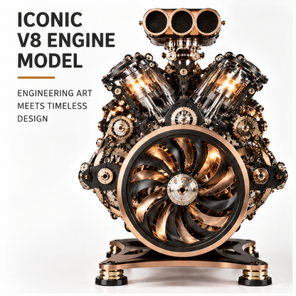 Realistic Moving Parts – Precision Gears, Visible Pistons, Smooth Operation – white background 3/4 angle of copper-black V8 engine model with LED lit cylinders, exhaust headers and turbo fan