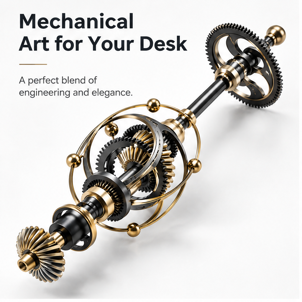 Mechanical Art for Your Desk – A perfect blend of engineering and elegance – product lifestyle shot from above-angle showing horizontal gear drive shaft on white surface with white background