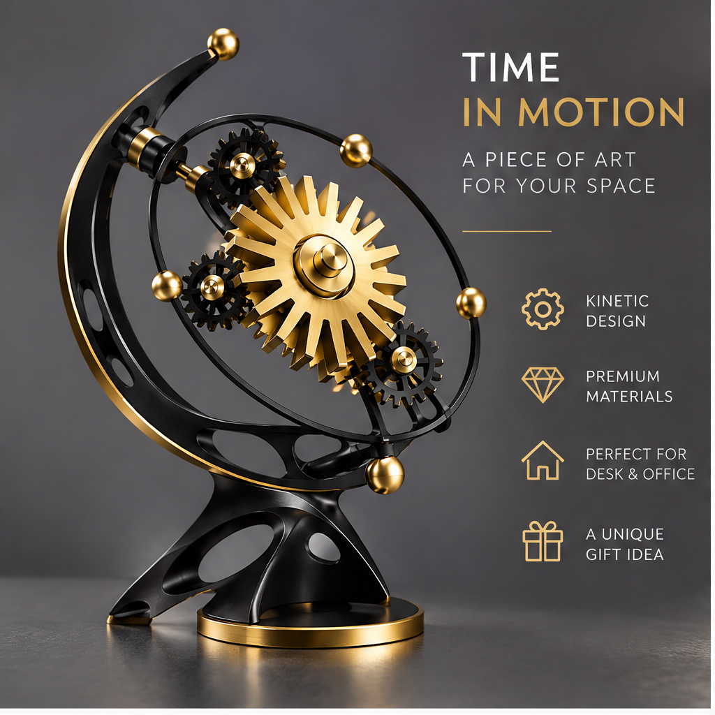 Time in Motion – A Piece of Art for Your Space – feature callouts: Kinetic Design, Premium Materials, Perfect for Desk & Office, A Unique Gift Idea – dark grey background, 3/4 angle view of black-gold sun gear orrery