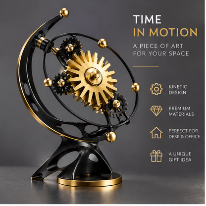 Time in Motion – A Piece of Art for Your Space – feature callouts: Kinetic Design, Premium Materials, Perfect for Desk & Office, A Unique Gift Idea – dark grey background, 3/4 angle view of black-gold sun gear orrery