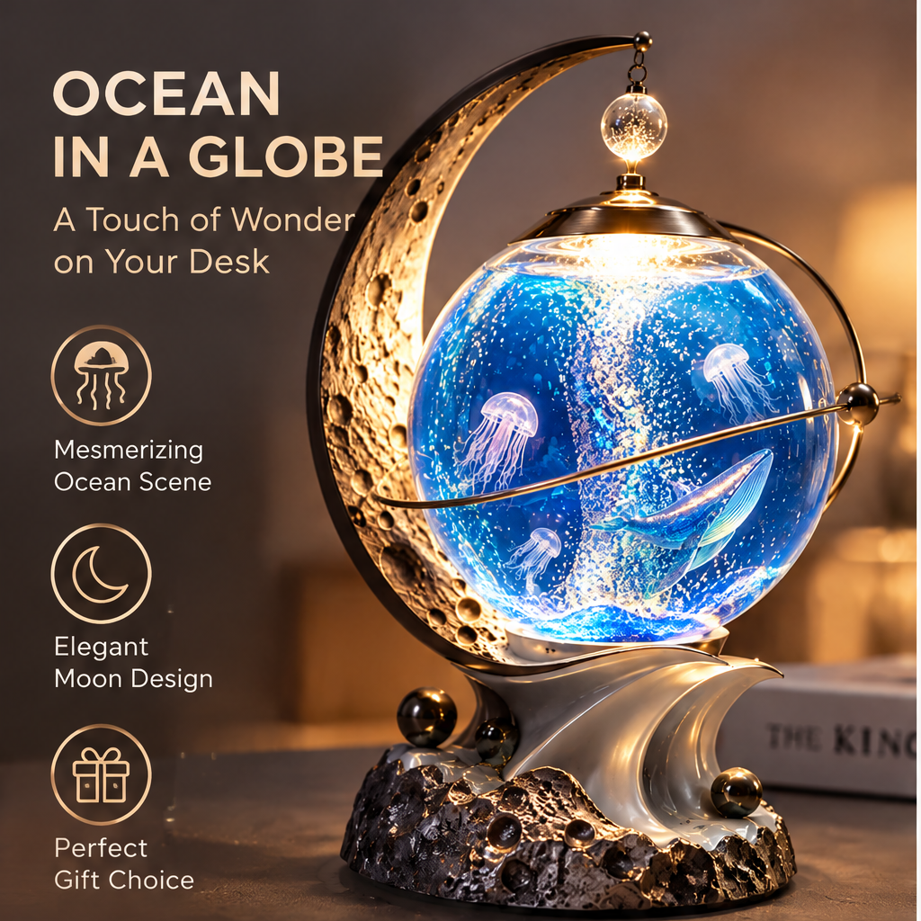 Ocean in a Globe – A Touch of Wonder on Your Desk – feature callouts: Mesmerizing Ocean Scene, Elegant Moon Design, Perfect Gift Choice – lifestyle shot on warm-lit desk with The Kinfolk book