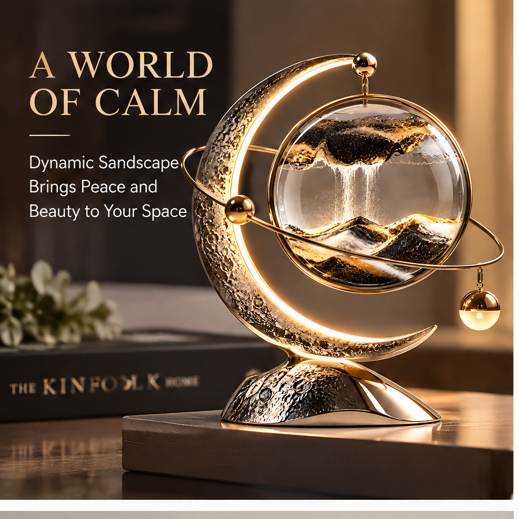A World of Calm – Dynamic Sandscape Brings Peace and Beauty to Your Space – lifestyle shot with The Kinfolk Home book, warm ambient room, gold-lit crescent moon sand art lamp on dark wood desk