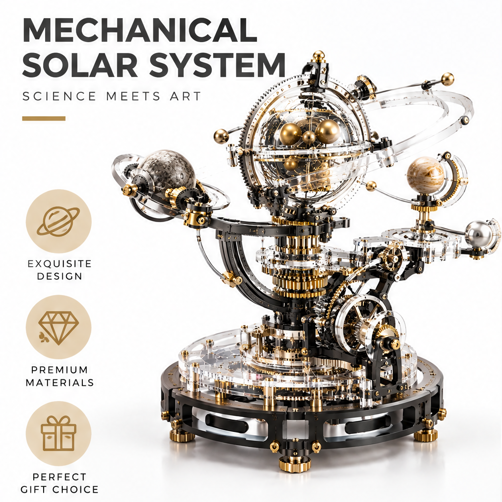 Mechanical Solar System – Science Meets Art – callouts: Exquisite Design, Premium Materials, Perfect Gift Choice – white background 3/4 angle showing full solar system orrery with all planetary arms extended