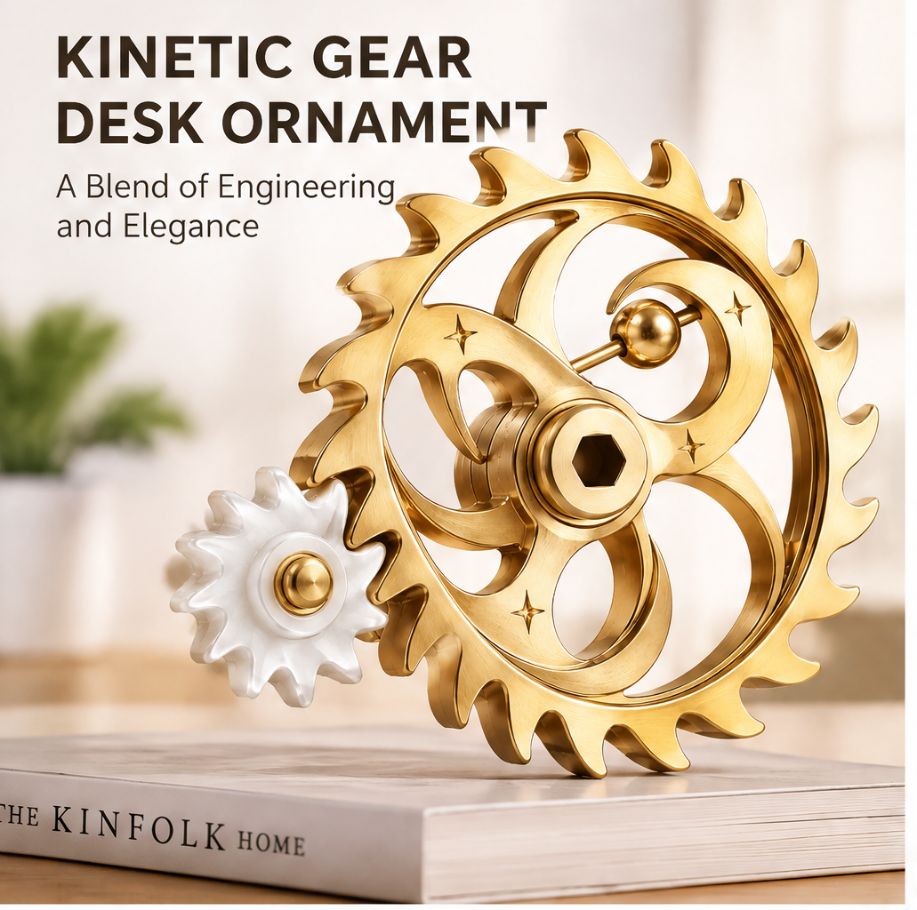Kinetic Gear Desk Ornament – A Blend of Engineering and Elegance – lifestyle shot propped on The Kinfolk Home book with soft blurred background, gold sun-wheel with white pinion from 3/4 front angle