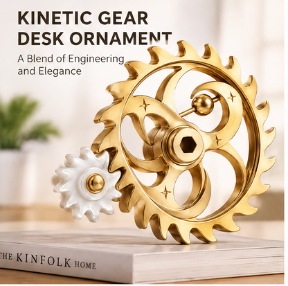 Kinetic Gear Desk Ornament – A Blend of Engineering and Elegance – lifestyle shot propped on The Kinfolk Home book with soft blurred background, gold sun-wheel with white pinion from 3/4 front angle