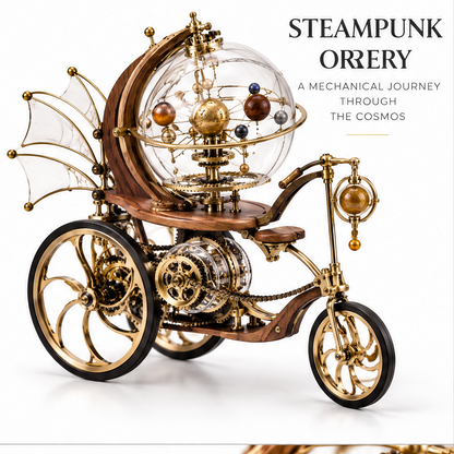 Steampunk Orrery – A Mechanical Journey Through the Cosmos – white background front-right angle showing full walnut-brass tricycle orrery with glass globe, planet arms, bat wings and chain drive