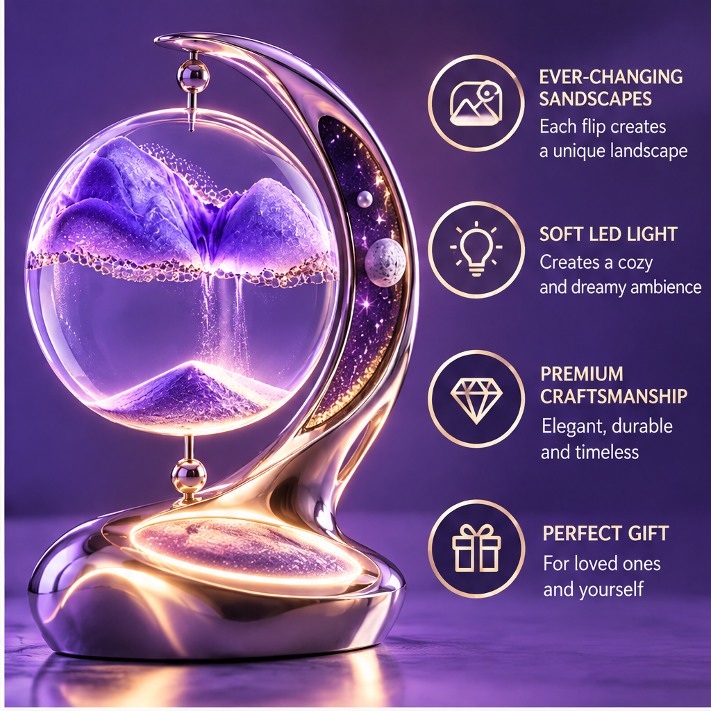 Turn. Relax. Repeat. – Simply rotate the globe and watch a brand new world unfold – rotation arrows showing 360° flip action on purple background