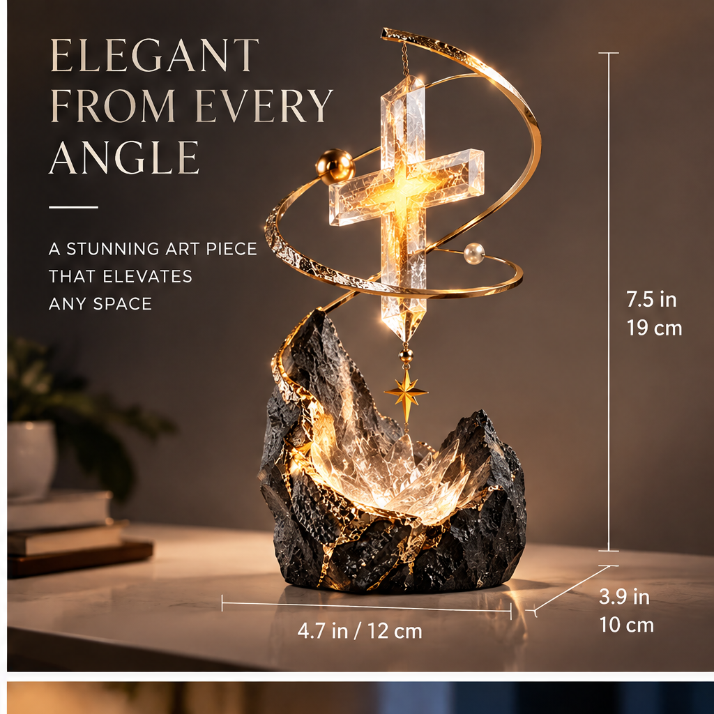 Exquisite details – premium crystal cross glows with warm light, elegant orbit design symbolizing divine protection, star charm detail a sign of hope, natural-inspired base stable and artistic