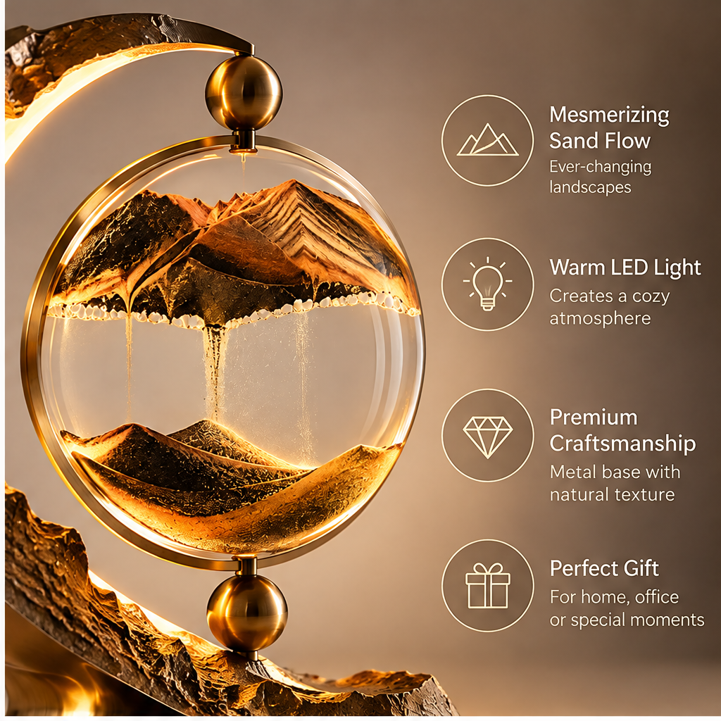 Feature callouts: Mesmerizing Sand Flow Ever-changing landscapes – Warm LED Light Creates a cozy atmosphere – Premium Craftsmanship Metal base with natural texture – Perfect Gift For home, office or special moments – macro close-up of gold-black mountain sandscape in crystal globe with gold pivot hardware
