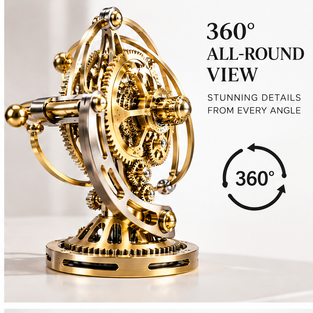 360° All-Round View – Stunning Details from Every Angle – side-angle close-up view of gold gear orrery with 360° view badge, showing orbital ring with planet balls and full gear assembly from right side