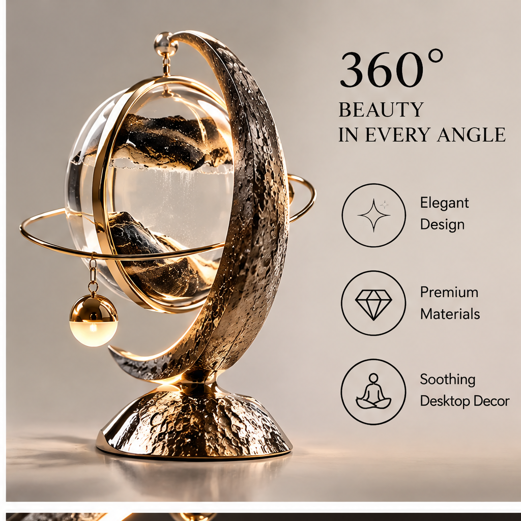 360° Beauty in Every Angle – feature callouts: Elegant Design, Premium Materials, Soothing Desktop Decor – close-up 3/4 angle view of black-silver crescent moon arc and gold orbital ring with hanging gold ball