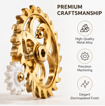 Premium Craftsmanship – feature callouts: High-Quality Metal Alloy, Precision Machining, Elegant Electroplated Finish – close-up side-angle view of gold sun-wheel gear showing outer tooth profile, inner crescent and star engraving, hexagonal centre bolt, white ceramic pinion engaged at bottom-left