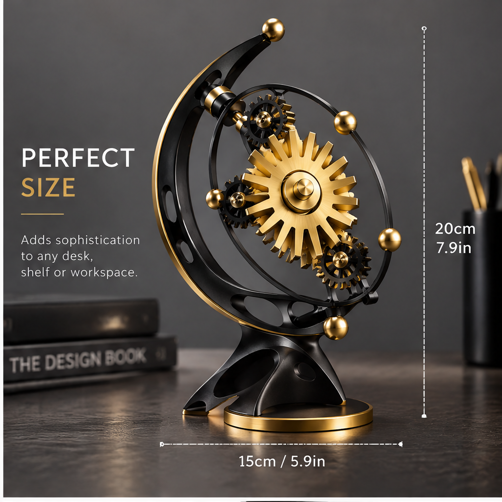 Perfect Size – Adds sophistication to any desk, shelf or workspace – dimensions diagram: 15cm / 5.9in width, 20cm / 7.9in height – lifestyle shot on dark wood desk with The Design Book and black pencil cup in background