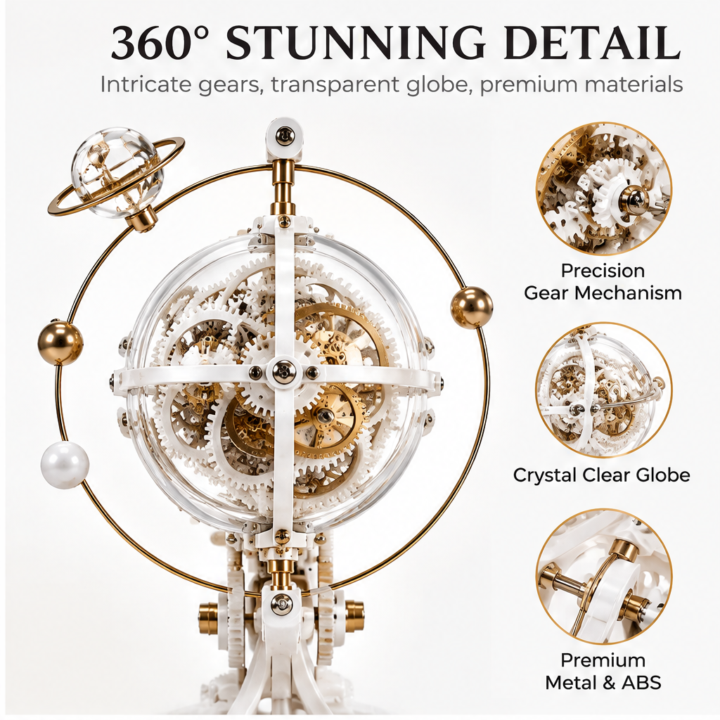 360° Stunning Detail – Intricate gears, transparent globe, premium materials – front close-up of crystal globe showing white-and-gold gear layers inside – three material detail circles: Precision Gear Mechanism (white gear with silver hub), Crystal Clear Globe (transparent globe surface), Premium Metal & ABS