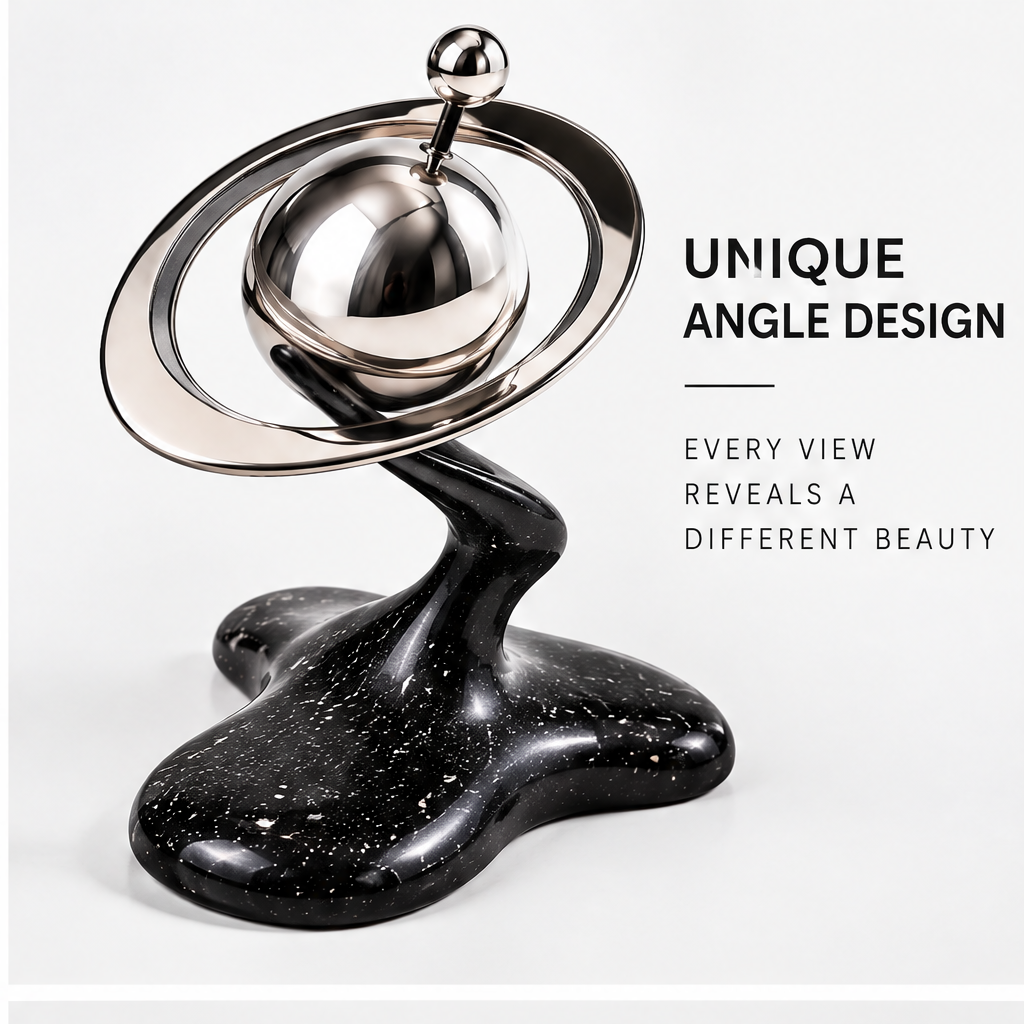 Unique Angle Design – every view reveals a different beauty, chrome orbit rings around metallic sphere shown from dramatic low angle