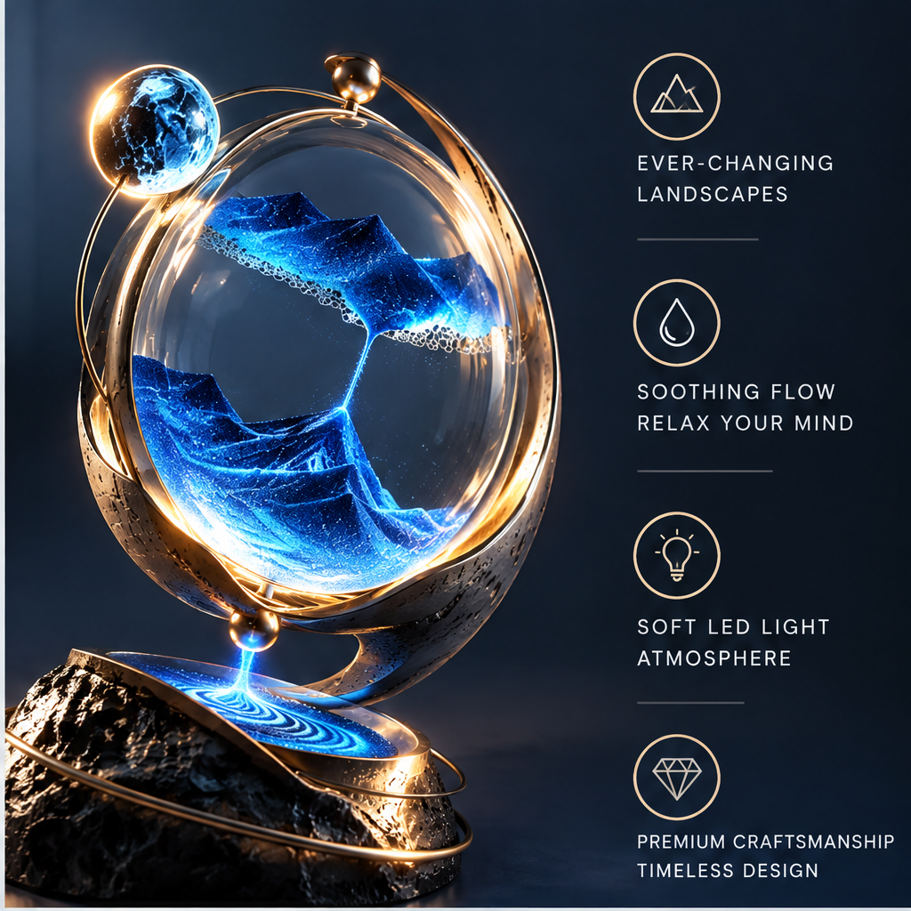 Ever-Changing Natural Beauty – every flow creates a unique landscape, no two moments are the same – close-up of blue glowing sand art inside crystal globe