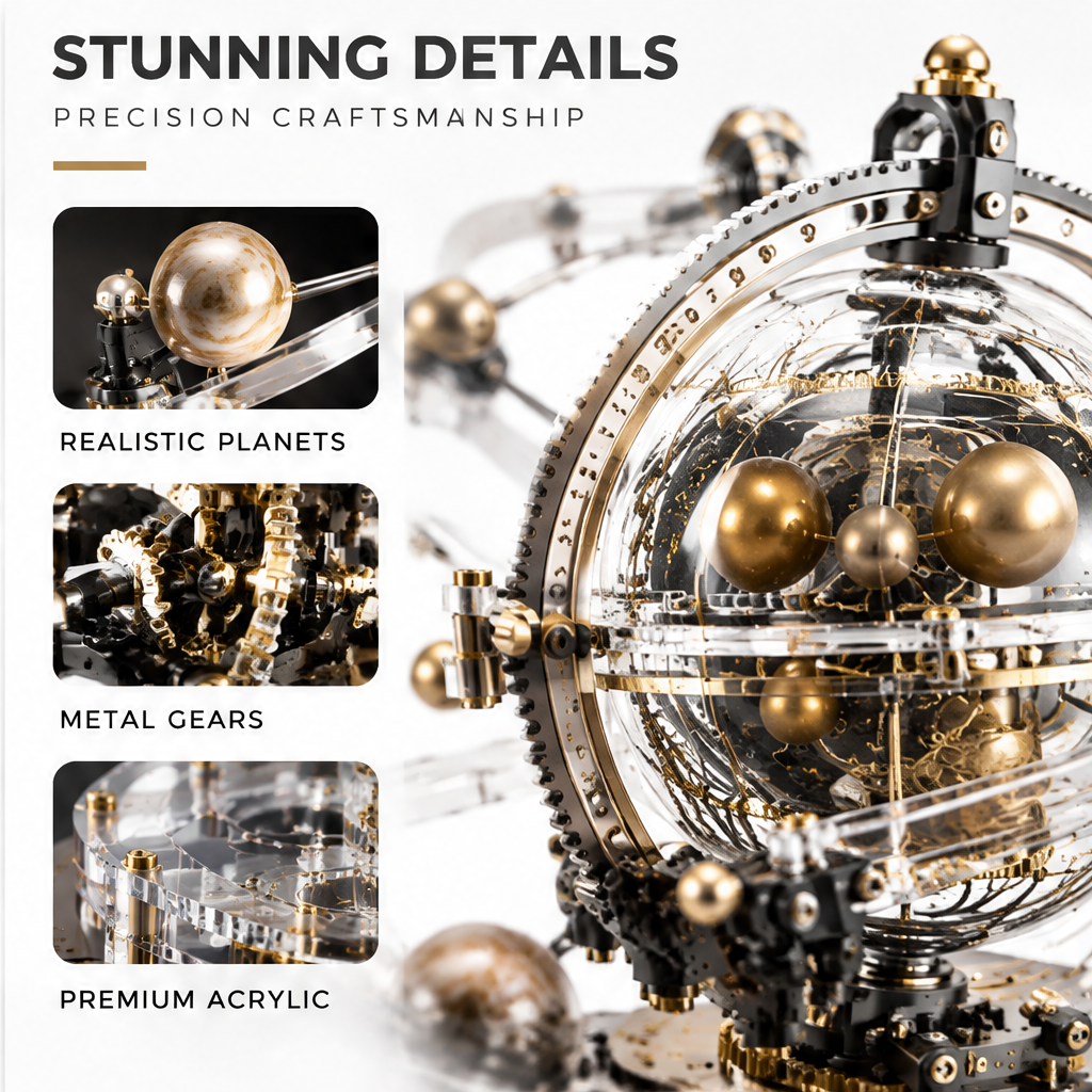 360° Display – Beautiful from Every Angle – three-view panel showing Left View, Front View, Right View of mechanical solar system orrery on white background with 360° gold arrow