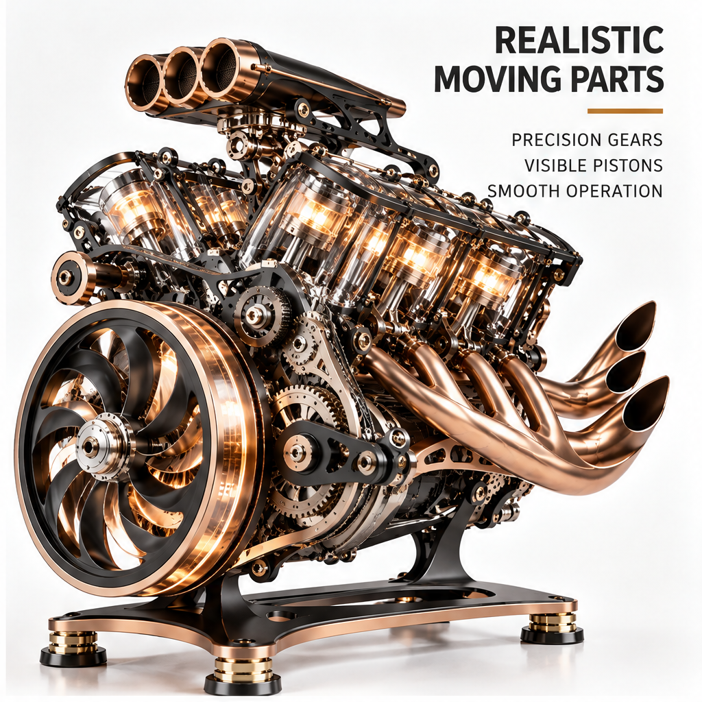 Premium Craftsmanship – Metal Alloy Frame, Exquisite Details, Built to Last – macro close-up of four transparent LED cylinders glowing warm amber showing internal piston detail and valve train hardware