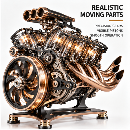 Premium Craftsmanship – Metal Alloy Frame, Exquisite Details, Built to Last – macro close-up of four transparent LED cylinders glowing warm amber showing internal piston detail and valve train hardware
