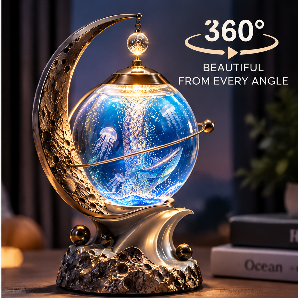Warm LED Light – Soft and Dreamy Atmosphere – close-up of hanging crystal ball LED pendant from gold crescent arc tip, illuminating deep blue ocean globe below