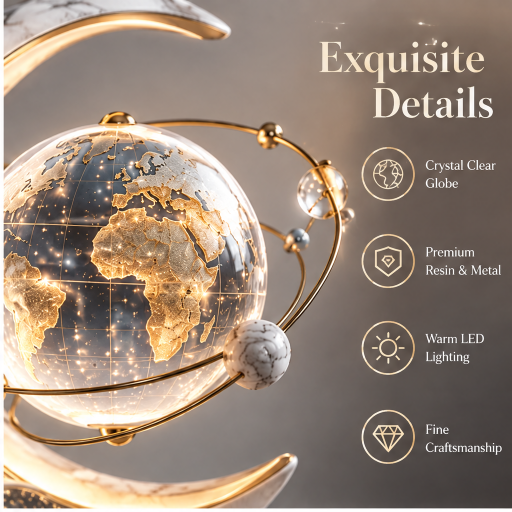 Exquisite Details close-up – crystal clear globe, premium resin & metal, warm LED lighting, fine craftsmanship