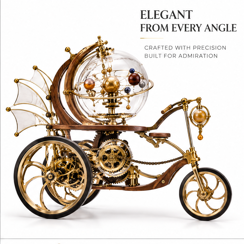 Elegant from Every Angle – Crafted with Precision, Built for Admiration – white background side view showing full tricycle profile with glass globe orrery, walnut frame and brass spoke wheels