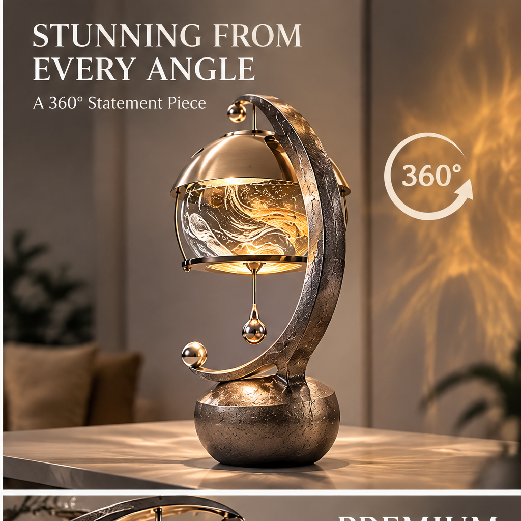 Art Meets Light – A Sculptural Lamp for a More Beautiful Space – Decorate, Illuminate, Inspire – lifestyle shot with The Kinfolk Home book, golden flame projection on wall, silver spiral crescent lamp on desk