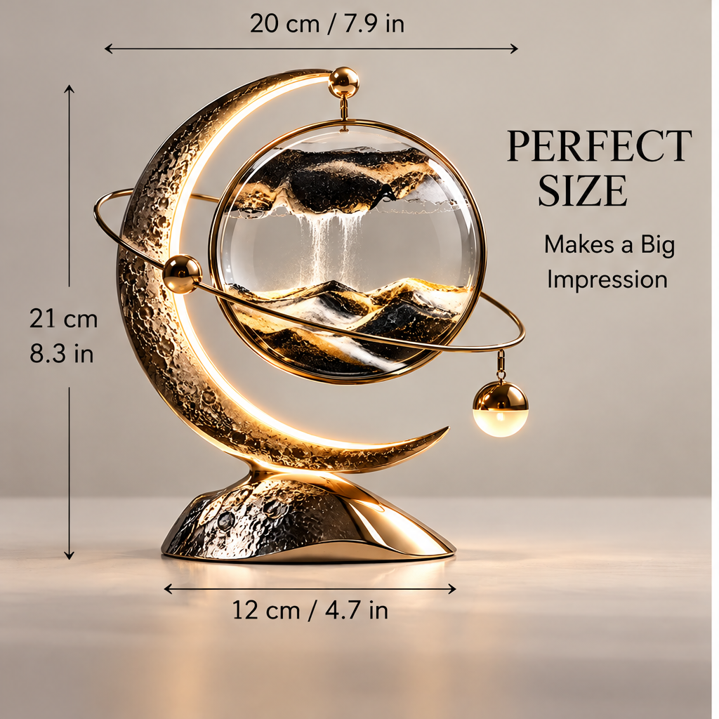 Perfect Size – Makes a Big Impression – product dimensions diagram: 20cm / 7.9in width, 21cm / 8.3in height, 12cm / 4.7in base depth – front view showing full crescent arc, orbital ring, and gold drop pendant