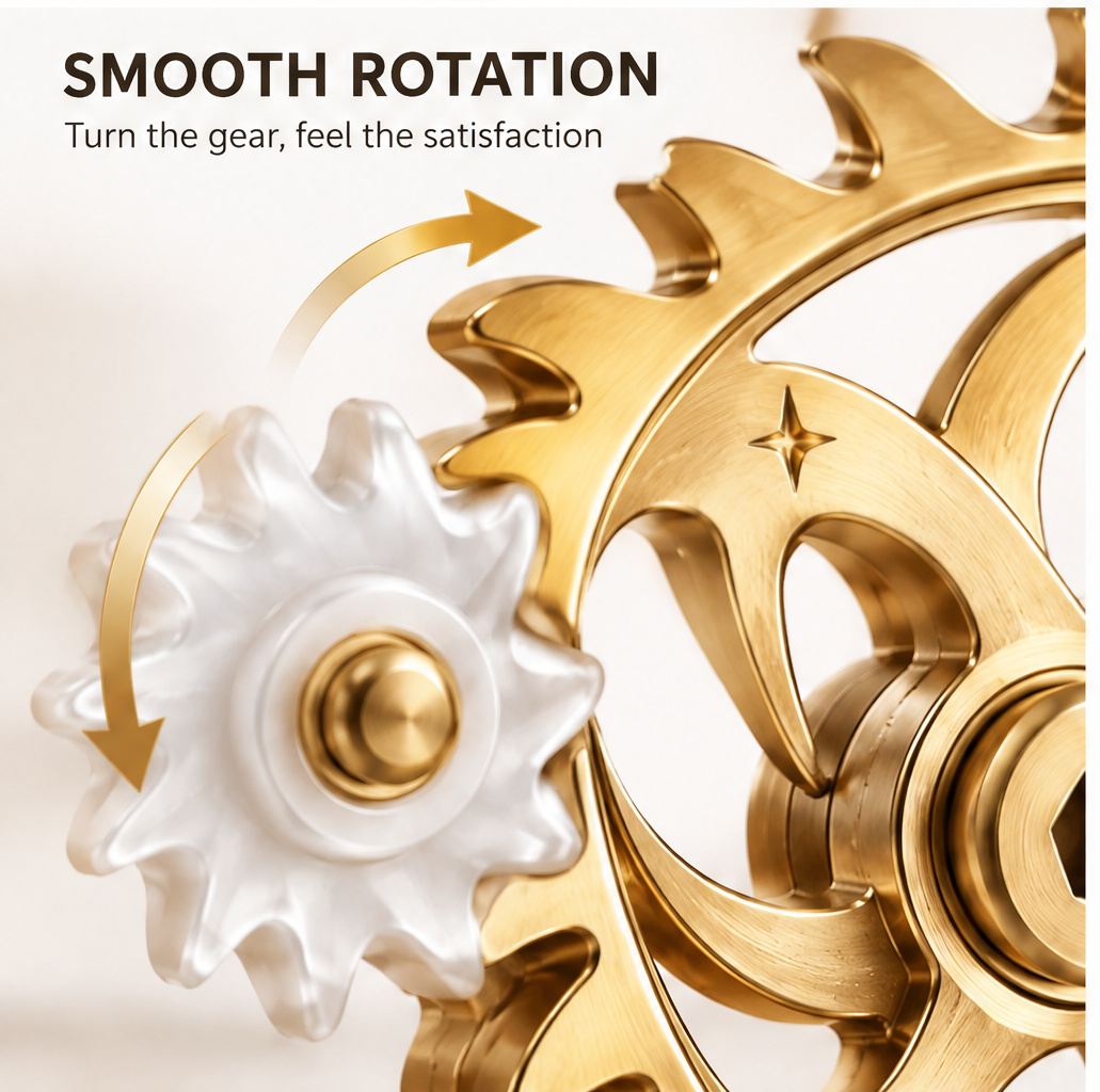 Smooth Rotation – Turn the gear, feel the satisfaction – macro close-up of white ceramic pinion gear with gold rotation arrows showing clockwise and counterclockwise motion, engaged against gold sun-wheel gear face showing crescent moon engraving and four-pointed star detail