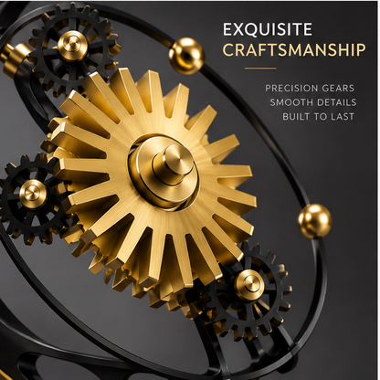 Exquisite Craftsmanship – Precision Gears, Smooth Details, Built to Last – macro extreme close-up of large gold sun-ray central gear showing brushed gold surface, concentric hub detail, and four interlocking black pinion gears with gold ball accents on dark background