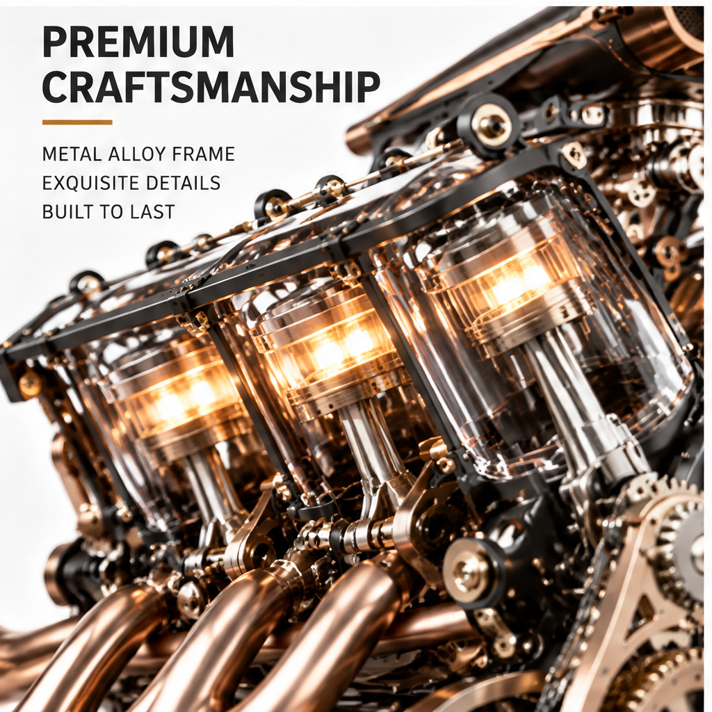 A Stunning Desktop Decor – Perfect Gift for Car Enthusiasts and Engineering Lovers – lifestyle shot on dark wood desk with The Engine and A Life in Motion books in background, warm ambient lighting