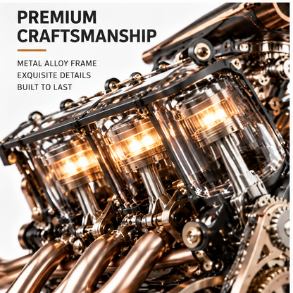 A Stunning Desktop Decor – Perfect Gift for Car Enthusiasts and Engineering Lovers – lifestyle shot on dark wood desk with The Engine and A Life in Motion books in background, warm ambient lighting