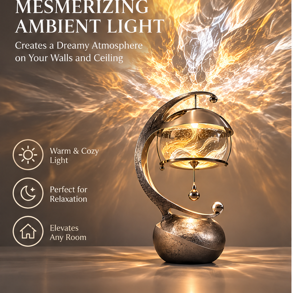Mesmerizing Ambient Light – Creates a Dreamy Atmosphere on Walls and Ceiling – feature callouts: Warm & Cozy Light, Perfect for Relaxation, Elevates Any Room – dramatic golden flame projection on wall behind lamp