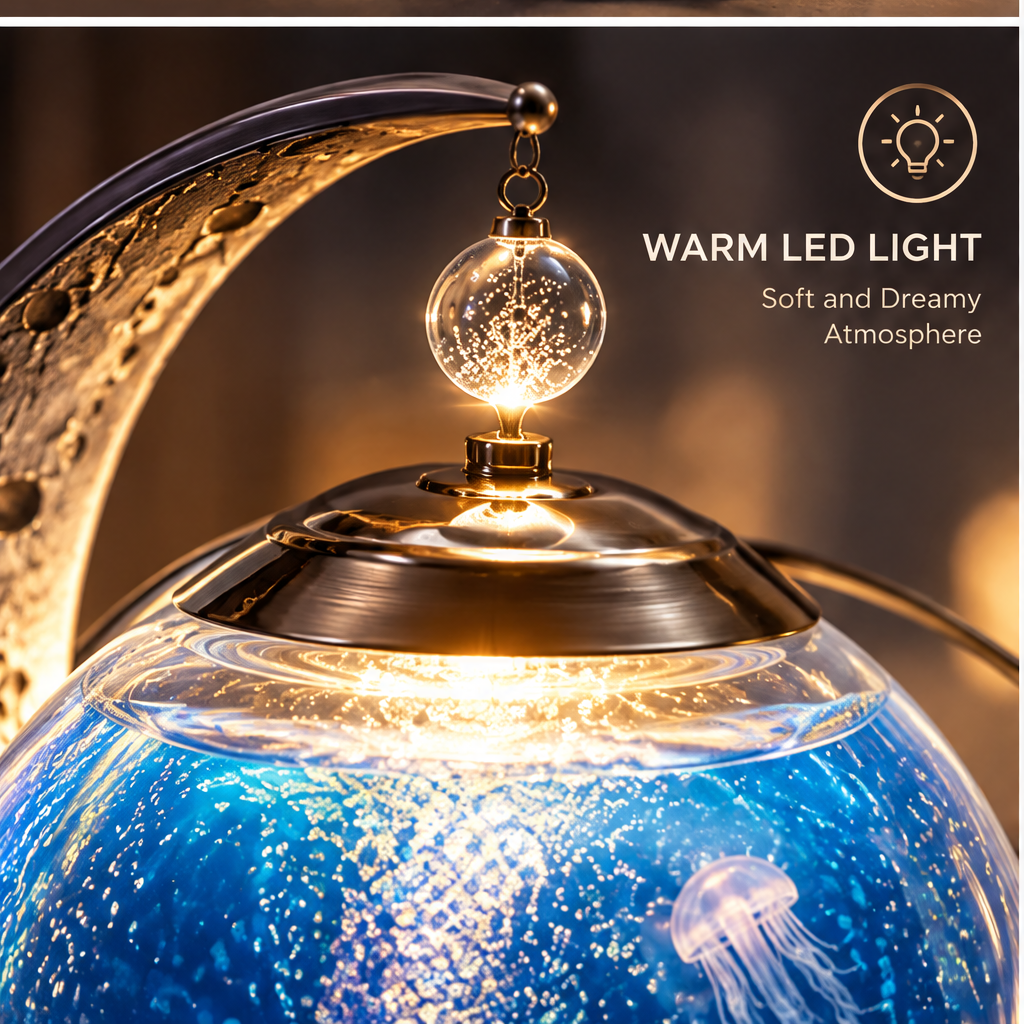 360° Beautiful from Every Angle – A Piece of Moving Art – full product view in dark ambient room showing gold crescent arc, glowing ocean globe with blue jellyfish and whale scene
