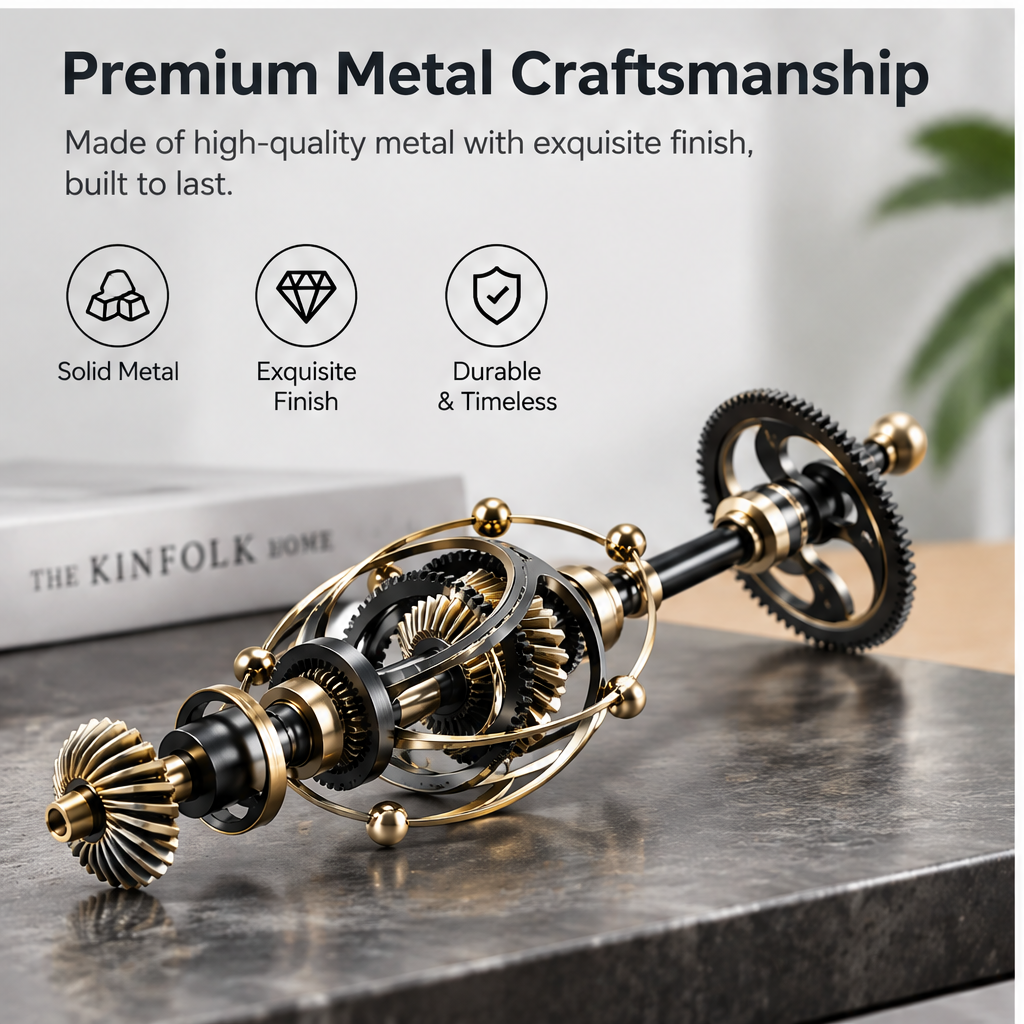 A Unique Gift Choice – Perfect for engineers, design lovers, and anyone who appreciates fine craftsmanship – four feature badges: Unique Gift, For Engineers, Home & Office Decoration, Conversation Starter – diagonal view of full horizontal gear drive shaft on white background