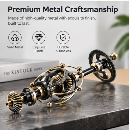 A Unique Gift Choice – Perfect for engineers, design lovers, and anyone who appreciates fine craftsmanship – four feature badges: Unique Gift, For Engineers, Home & Office Decoration, Conversation Starter – diagonal view of full horizontal gear drive shaft on white background