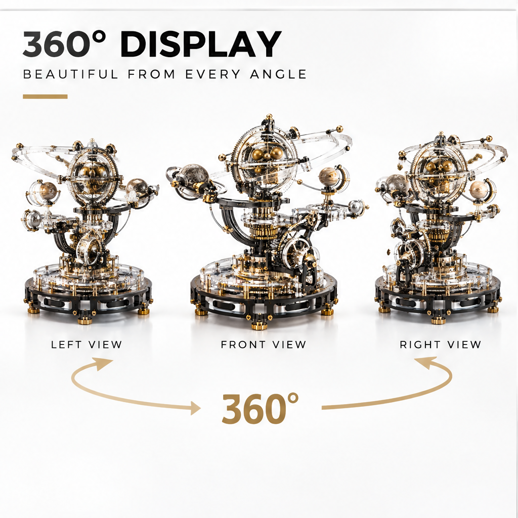 Real Mechanical Motion – Turn the Handle, Explore the Universe – callouts: Manual Drive, Planetary Rotation, Gear Linkage Mechanism, Fun & Educational – close-up of gold hand-crank and multi-layer acrylic gear assembly