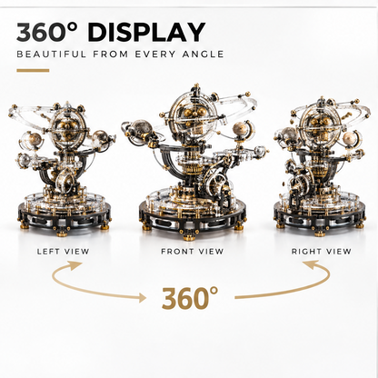 Real Mechanical Motion – Turn the Handle, Explore the Universe – callouts: Manual Drive, Planetary Rotation, Gear Linkage Mechanism, Fun & Educational – close-up of gold hand-crank and multi-layer acrylic gear assembly
