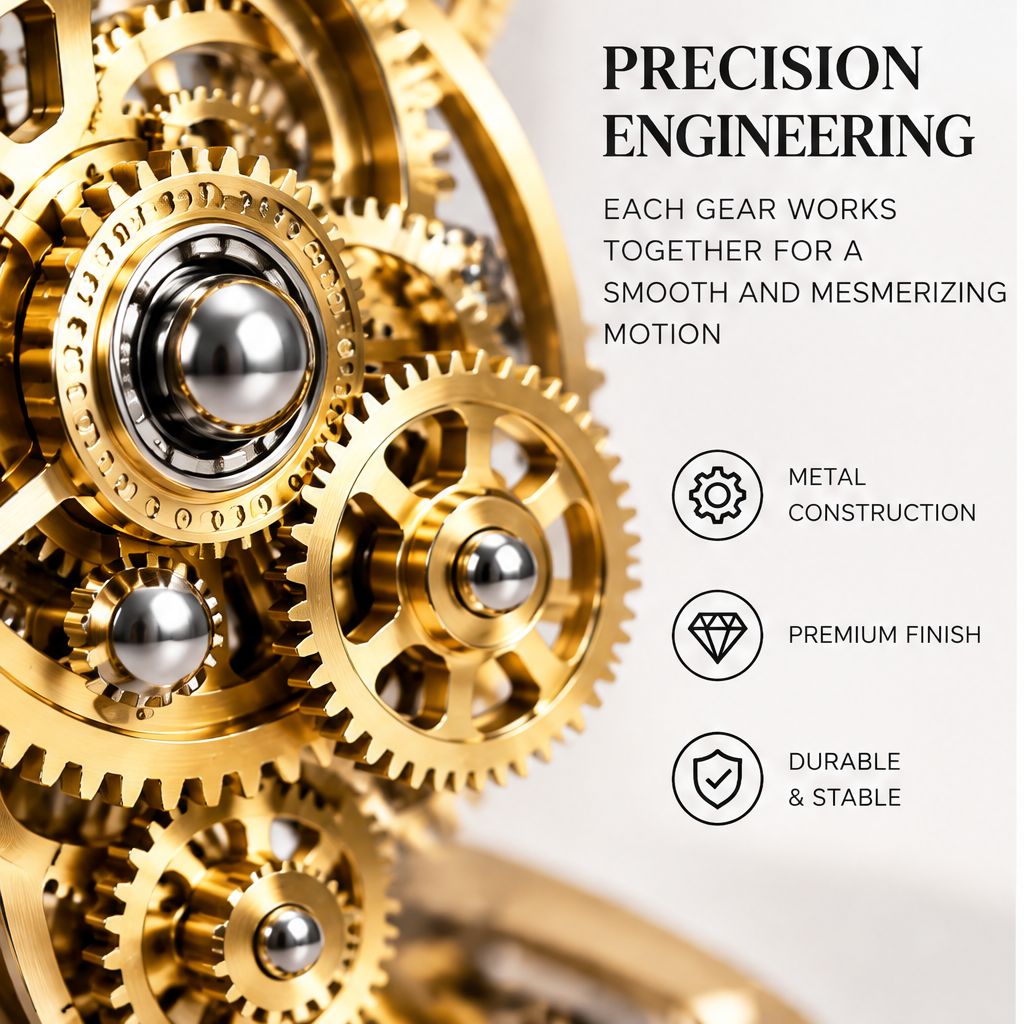 Perfect Size – Ideal for Home, Office and Gifts – dimensions diagram: 14cm / 5.5in width, 15cm / 5.9in height – front 3/4 view on white background showing full gear orrery structure and orbital ring